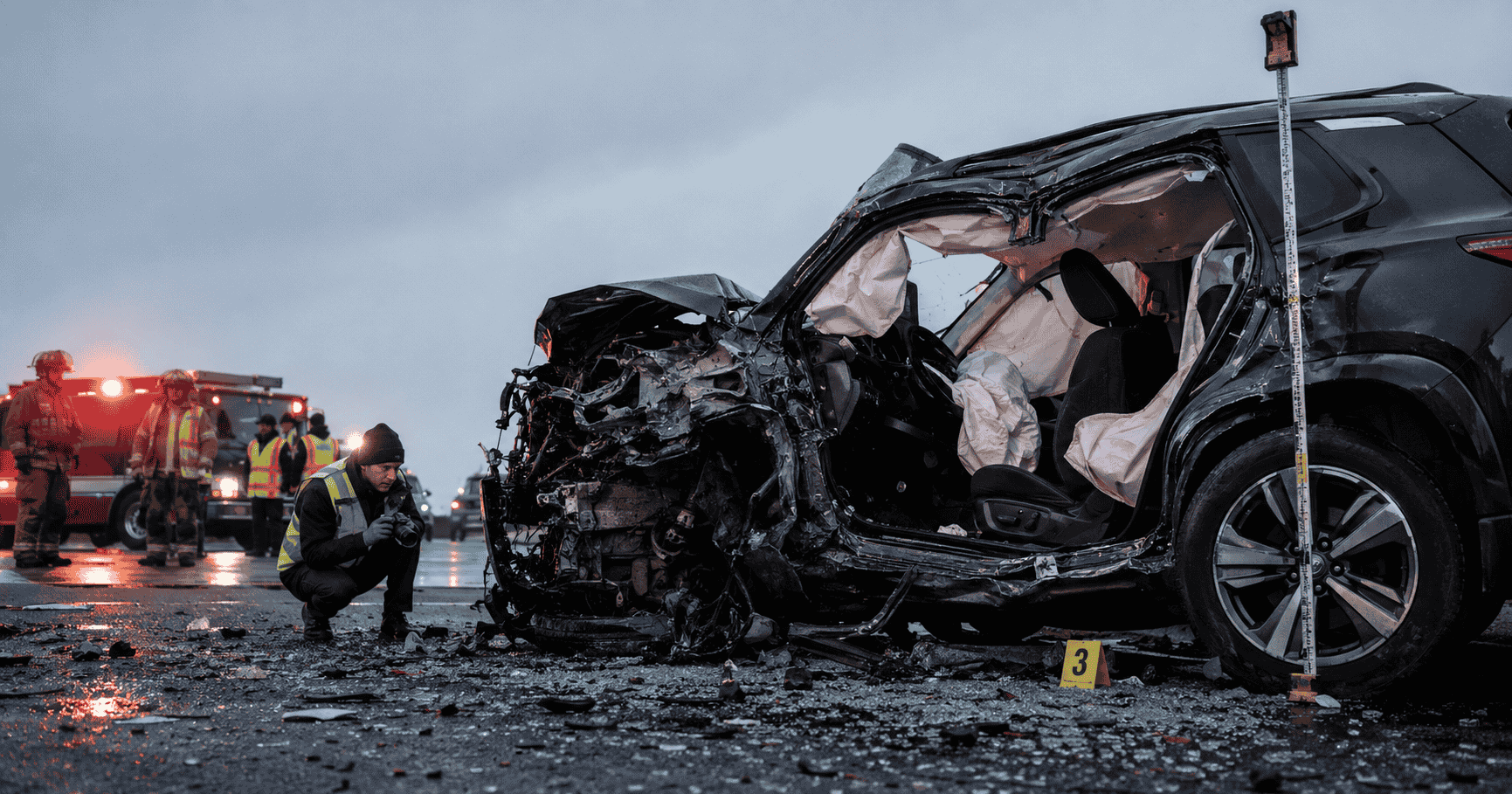Crashworthiness investigation accident scene documentation showing vehicle damage analysis