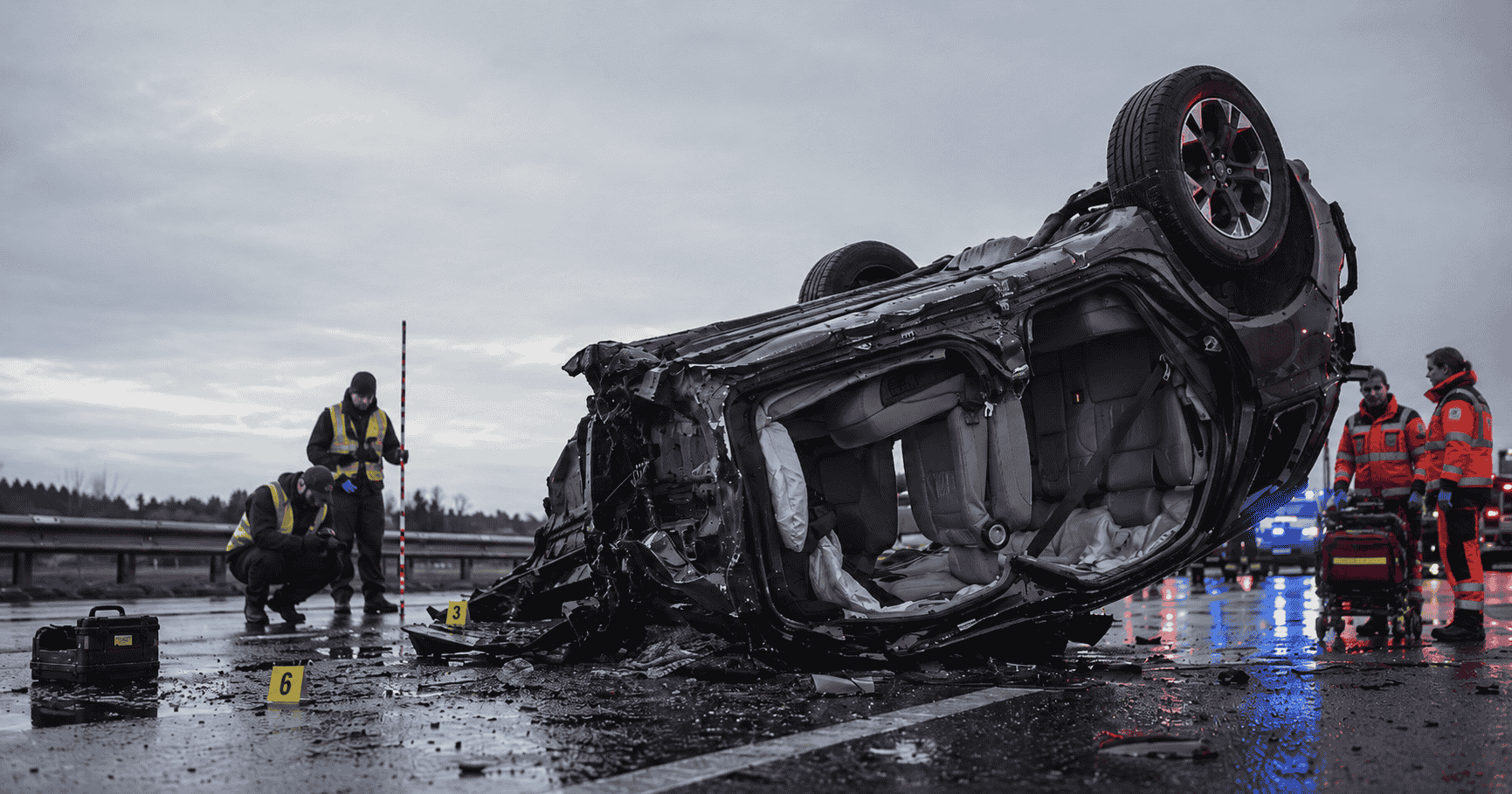 Rollover crash scene where survivable collision became catastrophic due to vehicle design failures