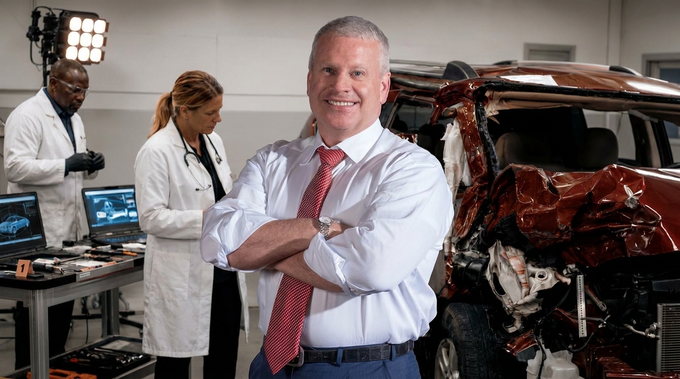 Attorney Todd Tracy reviewing crashworthiness case evidence in The Tracy Law Firm Dallas crash lab